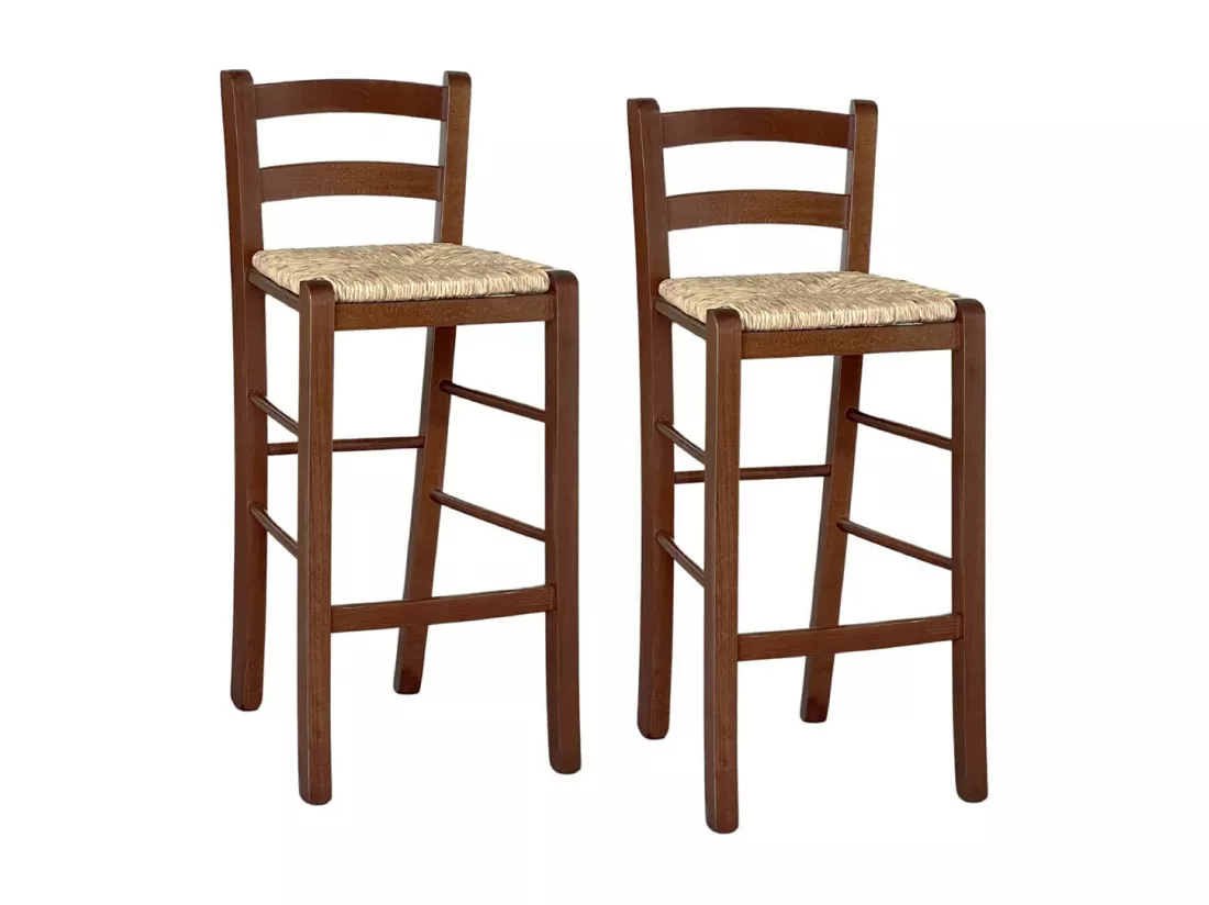 Lot de 2 tabourets de bar en bois avec assise en paille de noyer foncé, h 67 cm