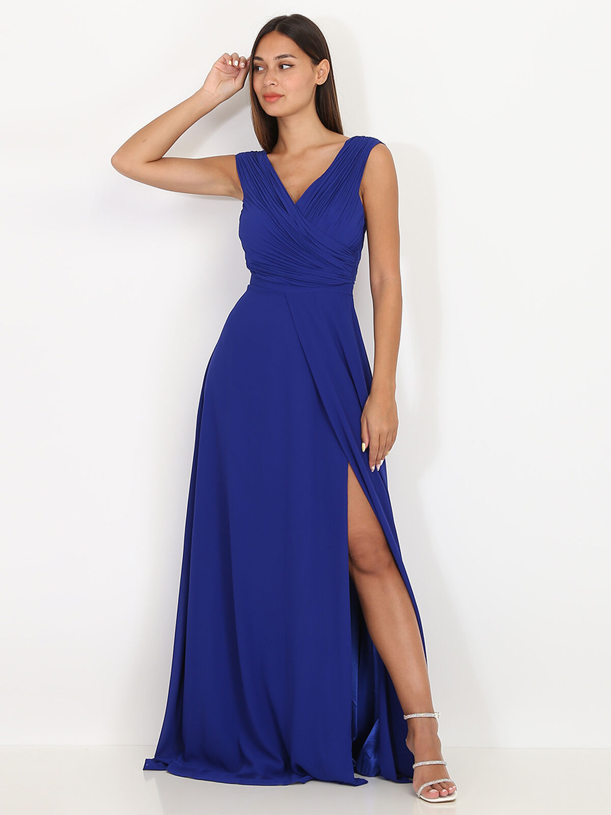 Robe longue drapée avec fente- Bleu