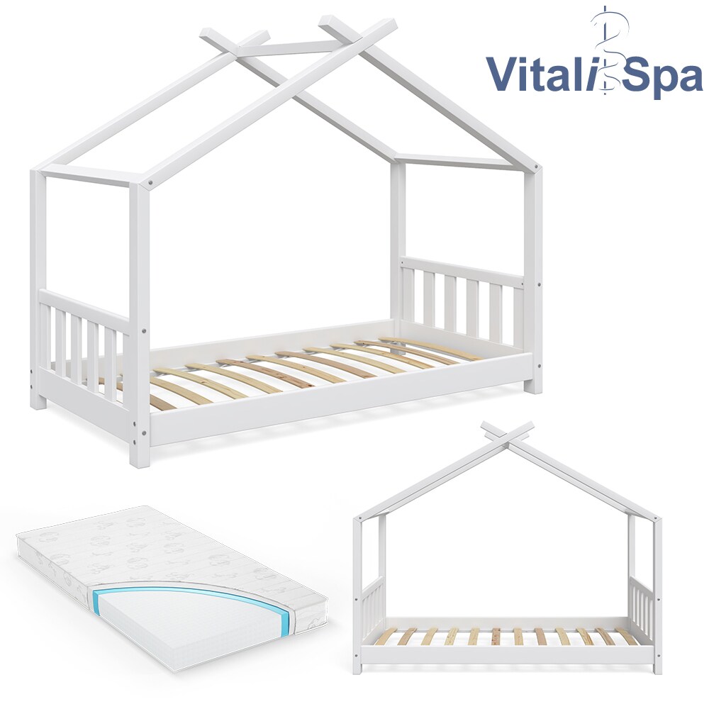 VITALISPA Kinderbett Hausbett DESIGN 80x160cm Weiß Zaun Kinder Holz Haus Hausbett mit Matratze