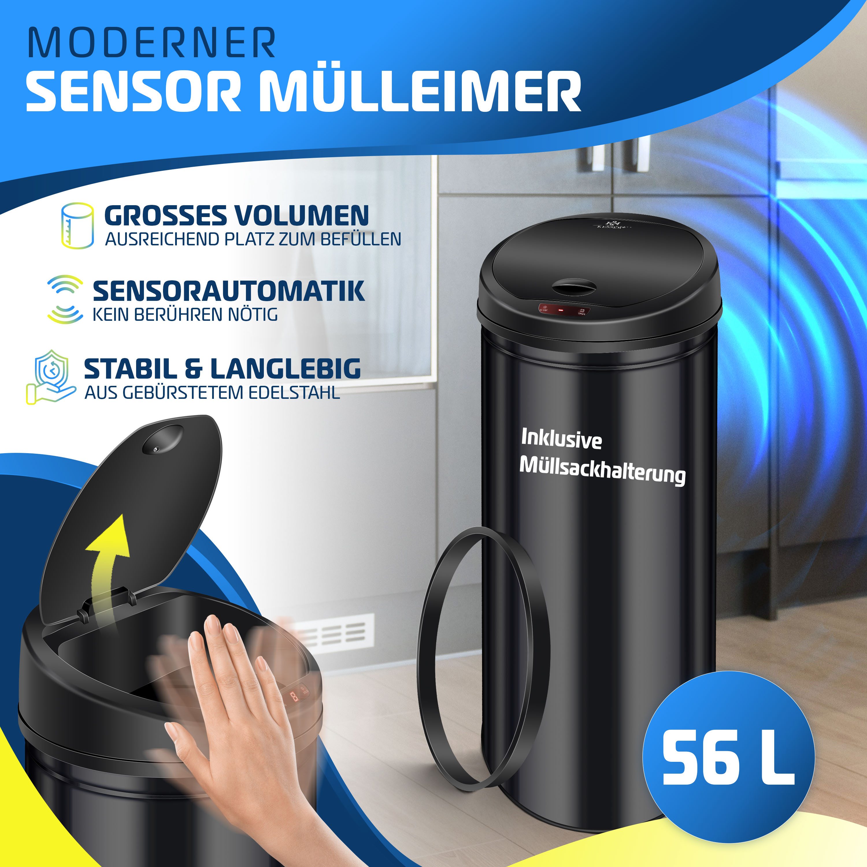 KESSER® Automatik Sensor Mülleimer Abfalleimer Abfall EDELSTAHL Papierkorb