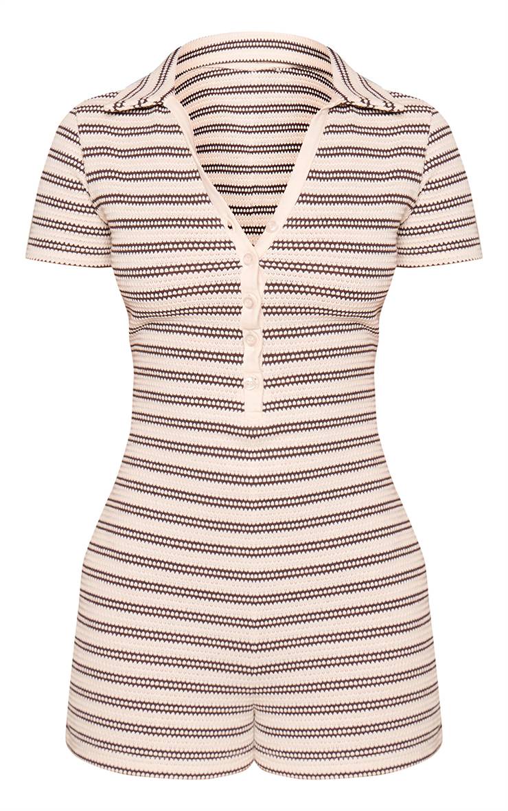 Crème Combi-short Ajustée Petite À Col Boutonné En Maille Rayée