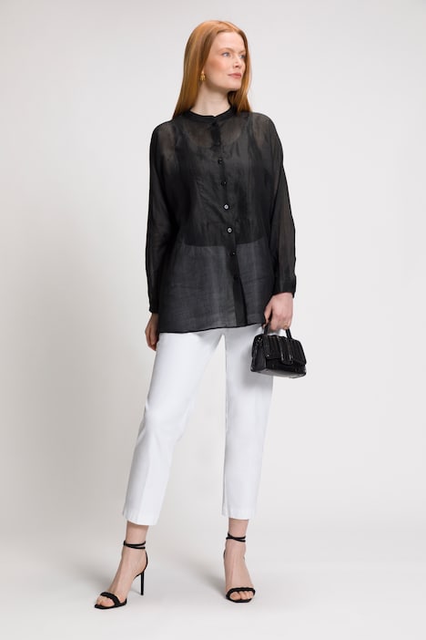 Rami-Bluse, Leinenoptik, Stehkragen, Plastron, Langarm
