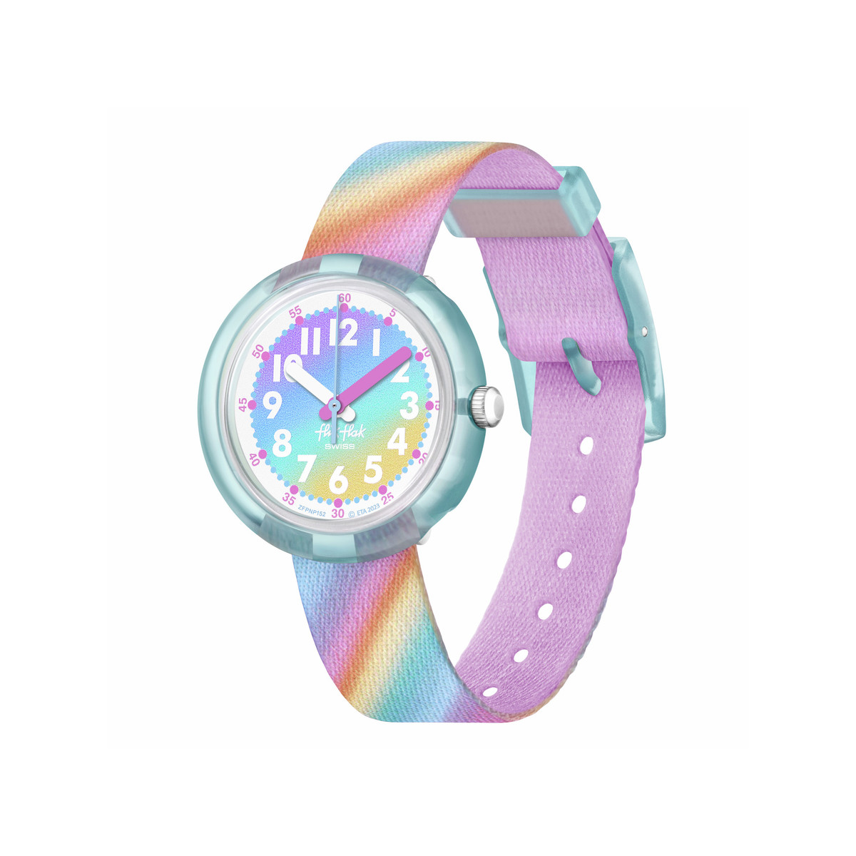 Montre FLIK FLAK Organized Chaos Liquid Rainbow enfant bracelet pet recyclé rose