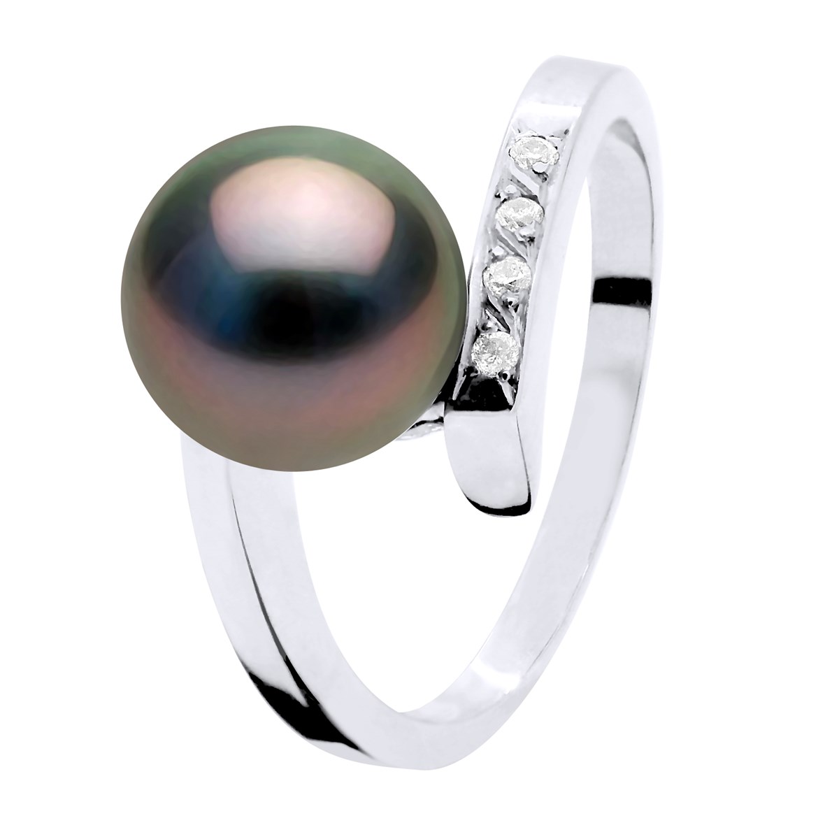 Bague Diamants 0,04 Cts et Perle de Tahiti Ronde 8-9 mm Or Blanc