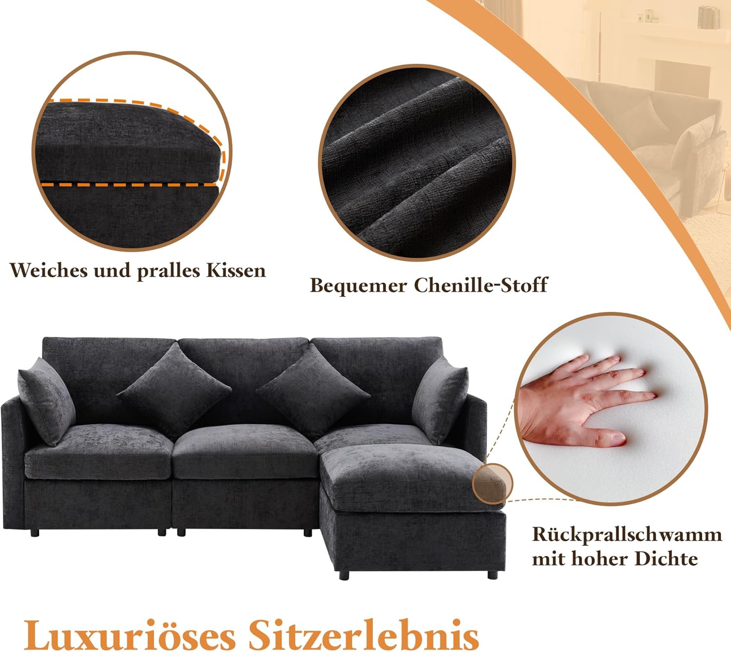 Merax Ecksofa L-Form Modulares 3-Sitzer Sofa mit umwandelbarem Fußhocker, Chenille-Stoff, Premium Komfort, Raumsparend & Wandelbar,Grau
