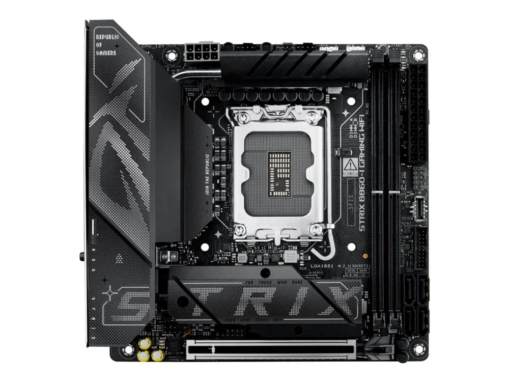 ASUS ROG STRIX B860-I GAMING WIFI - Bundkort - mini ITX - LGA1851 sokkel - B860 Chipset - USB4, USB 3.2 Gen 2, USB-C 3.2 Gen 2x2, USB 3.2 Gen 1, USB-C 3.2 Gen2 - Wi-Fi 7, 2.5 Gigabit LAN, Bluetooth - onboard grafik (CPU påkrævet) - HD Audio (8-kanale