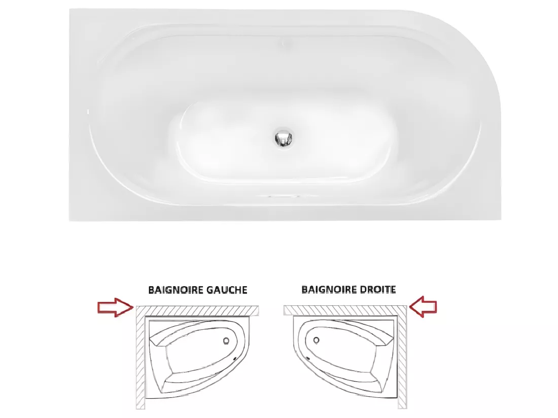 Baignoire d'angle Blanc + Siphon noir et Vidage inclus + Repose tête - AVITA S CLASSE - GAUCHE - 150 x 75 cm