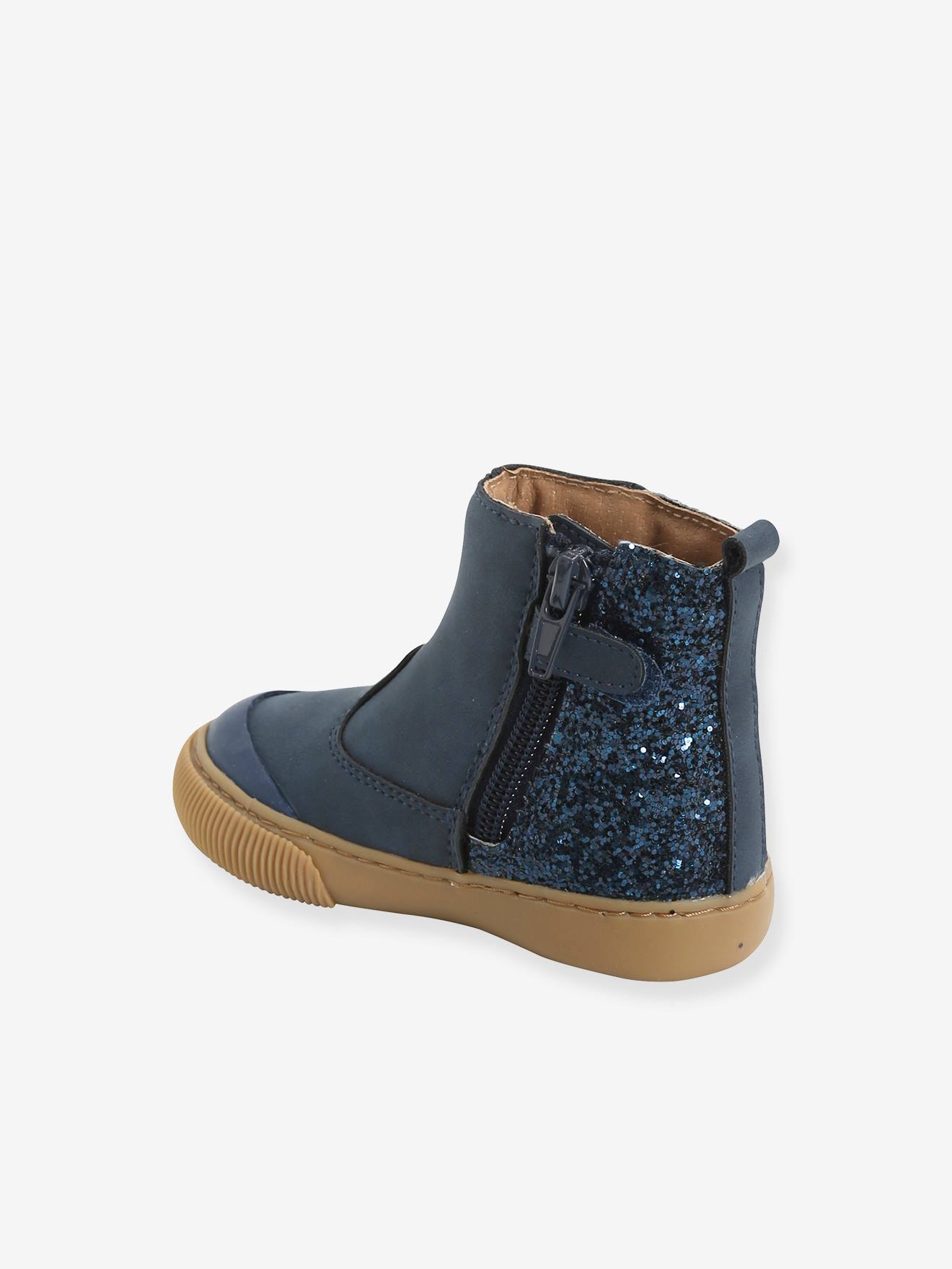 Sapatinhos elegantes com zíper para bebê menina, lisos, azul-escuros com estampas.