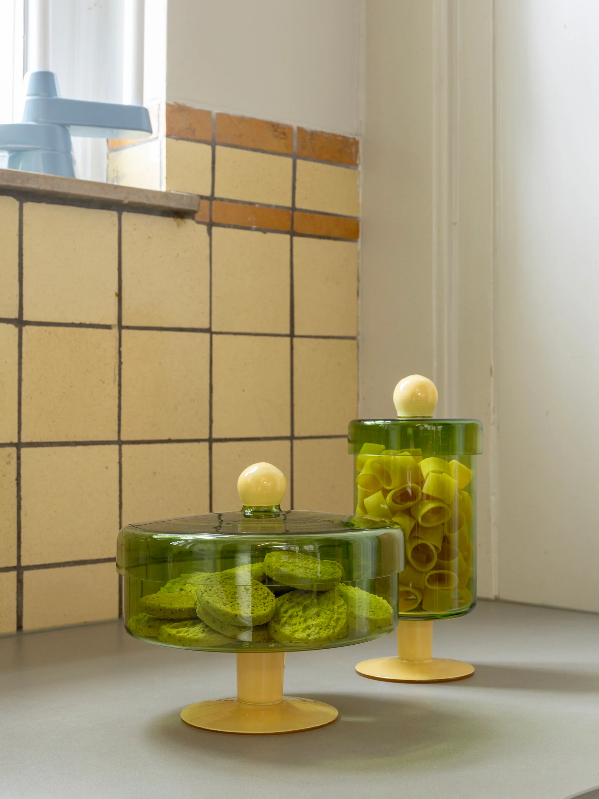 Handgemaakte opbergpot Duo van glas