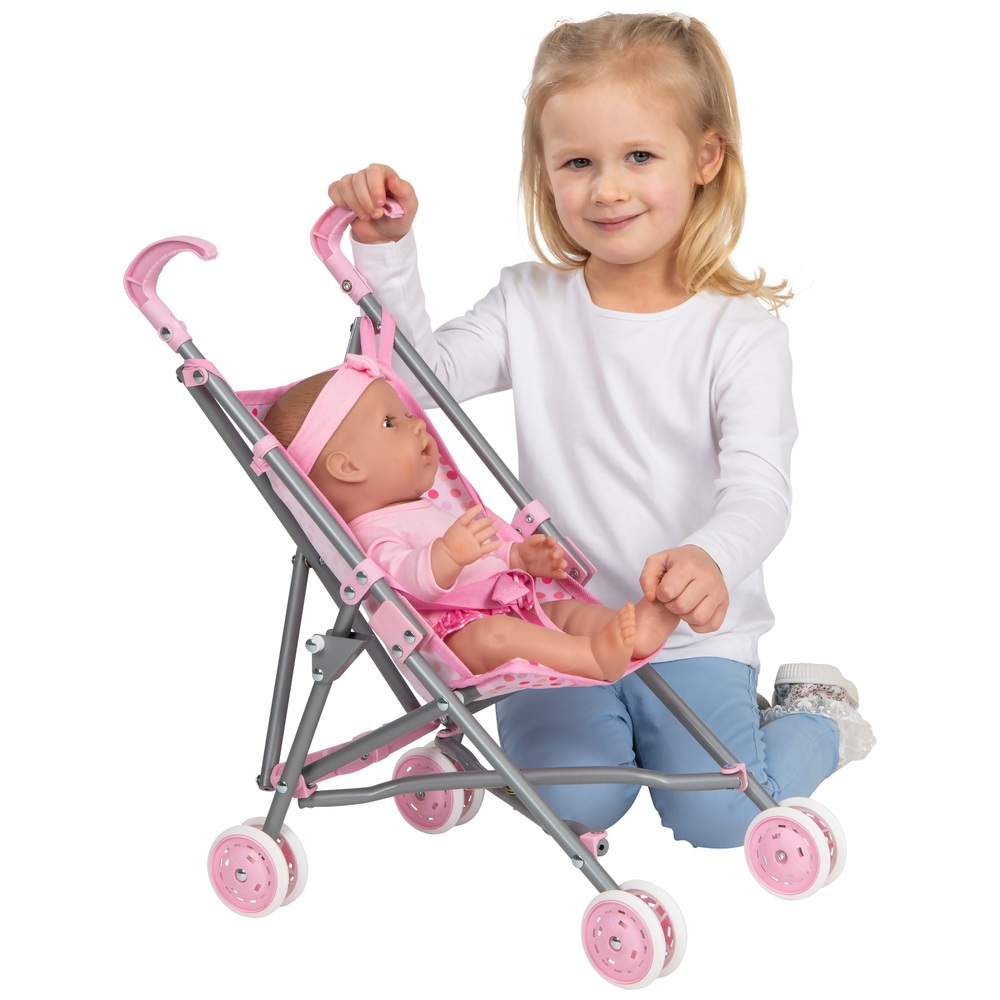 Puppenwagen mit rosa Punktmuster, 50 cm, Regenschirm