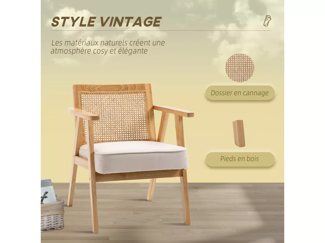 Fauteuil lounge avec coussin - dossier en cannage - assise profonde - accoudoirs - structure bois hévéa - aspect lin beige