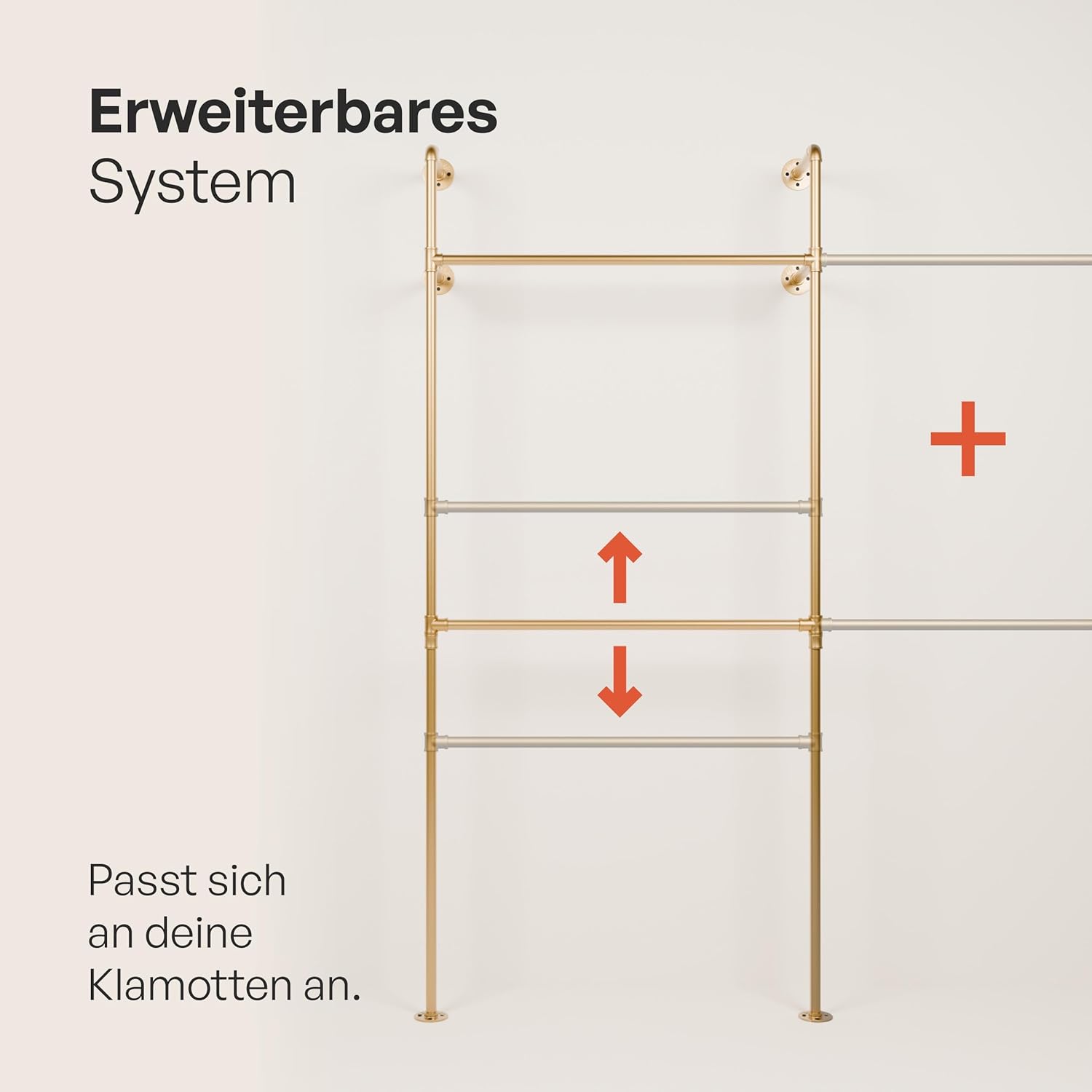 pamo Kleiderstange Wandmontage 120 kg Traglast - Offener Kleiderschrank oder Kleiderständer industrial gold aus Metall Wasserrohren