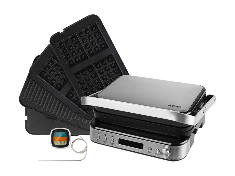 FURBER Kontaktgrill 2000 W Stretto Mit auswechselbaren Koch-, Grill- und Waffelplatten