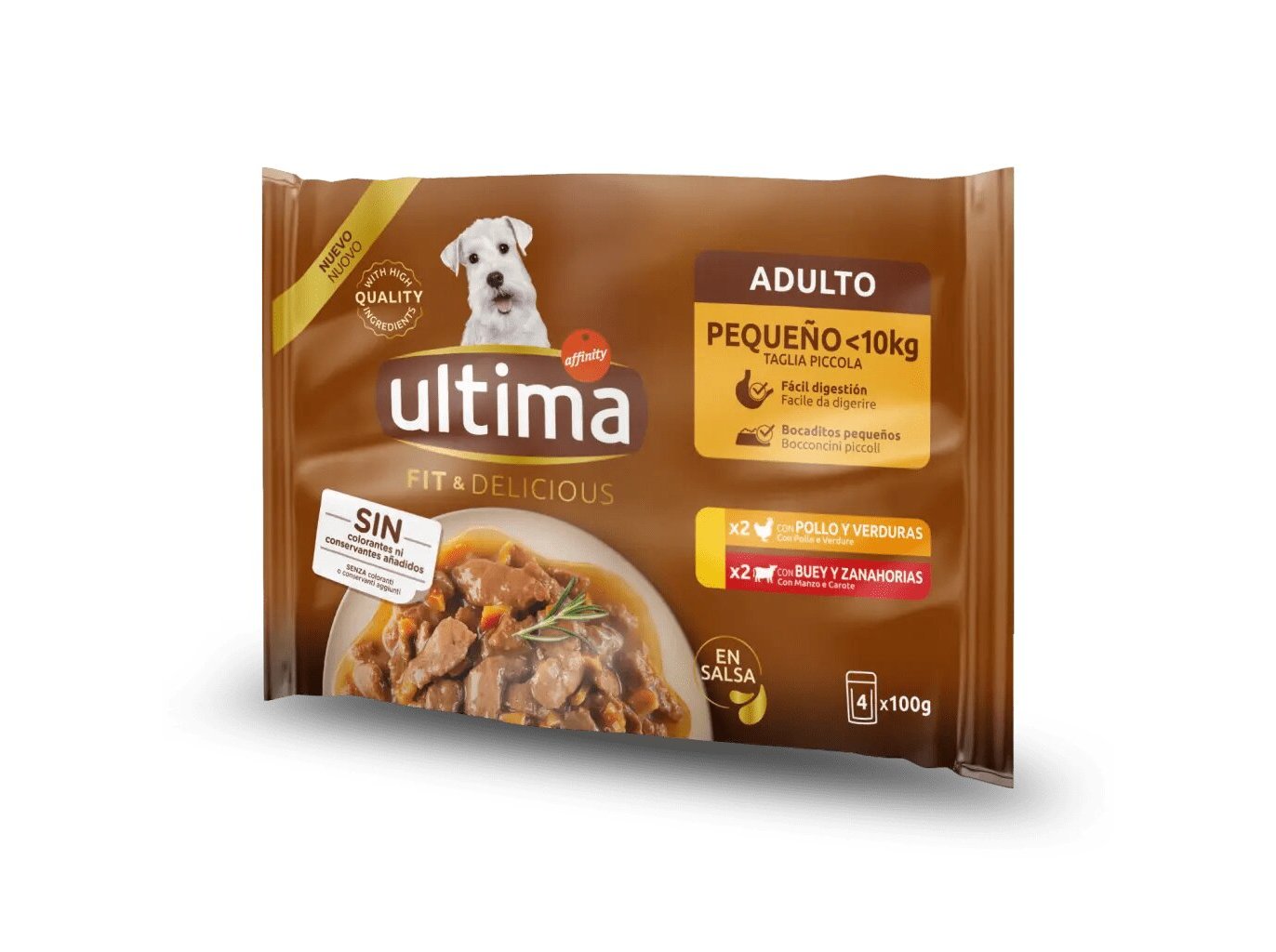 COMIDA HÚMIDA PARA CÃO MINI ULTIMA FIT&DEL FRANGO/VACA 4X100G