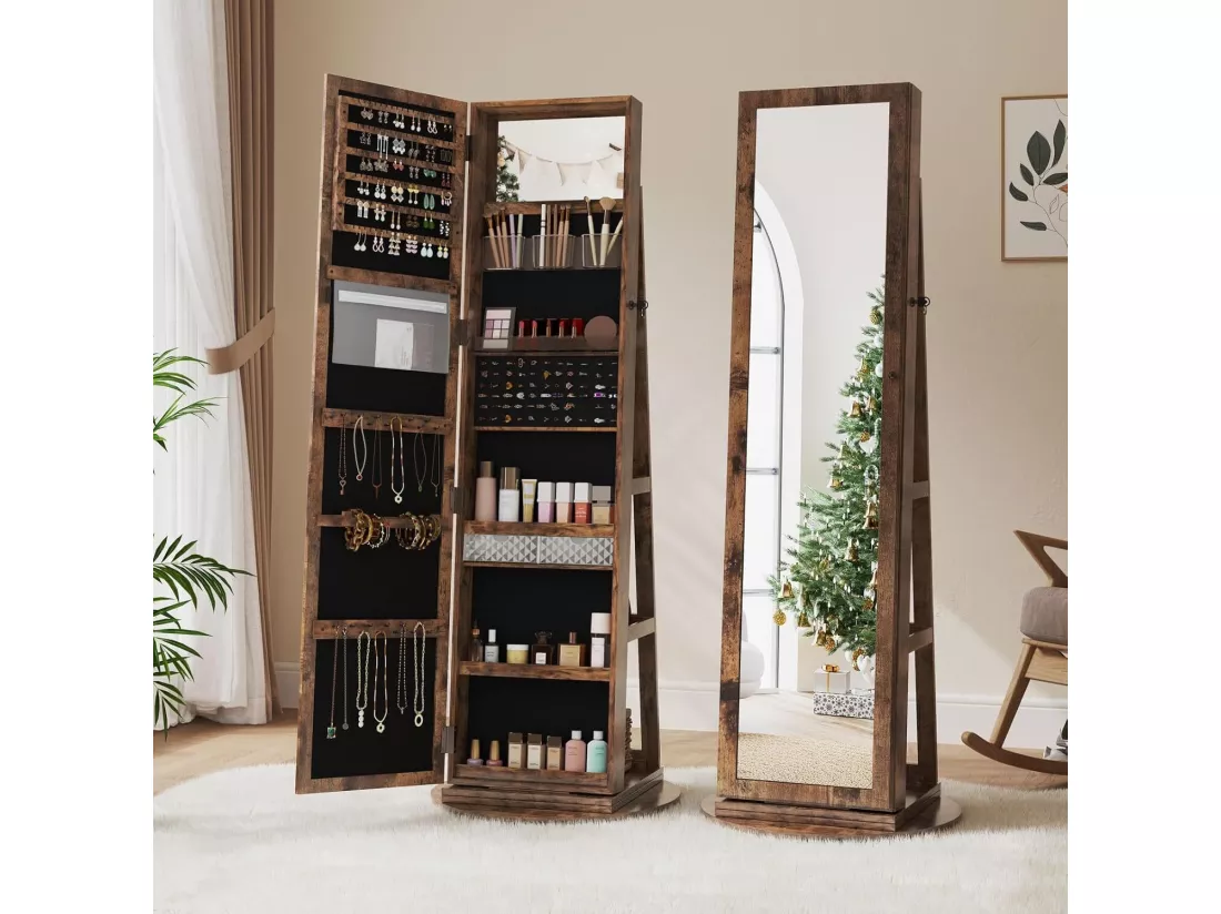 Armoire à bijoux pivotante, avec miroir pleine longueur et avec des clés, 55x55x160cm