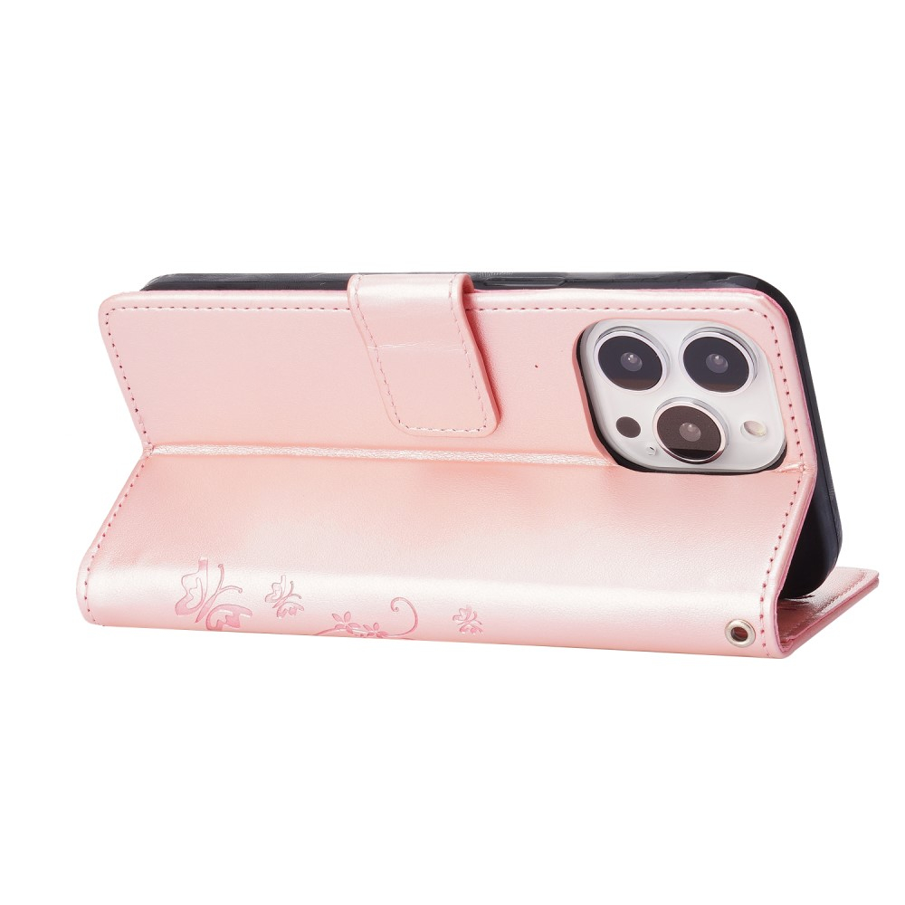 iPhone 13 Pro Leder Tasche mit Kartenfach   Handschlaufe Butterfly Flowers - Rosa