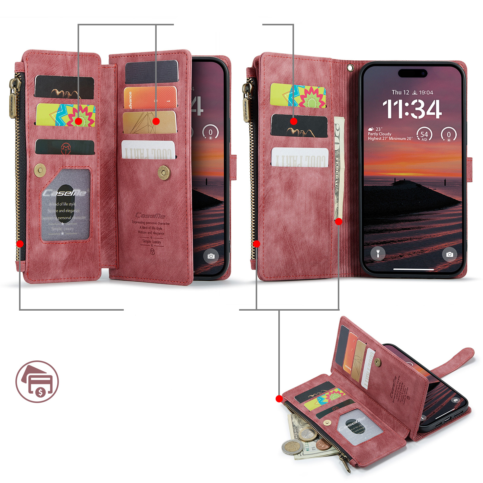 iPhone 17 Pro Max 2in1 Leder Tasche Karten Etui - Dunkelrot