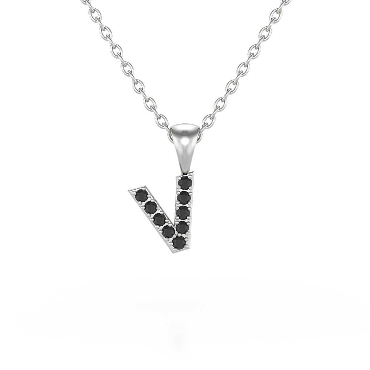 Collier Pendentif ADEN Lettre V Or 750 Blanc Diamant Noir Chaine Or 750 incluse 0.72grs