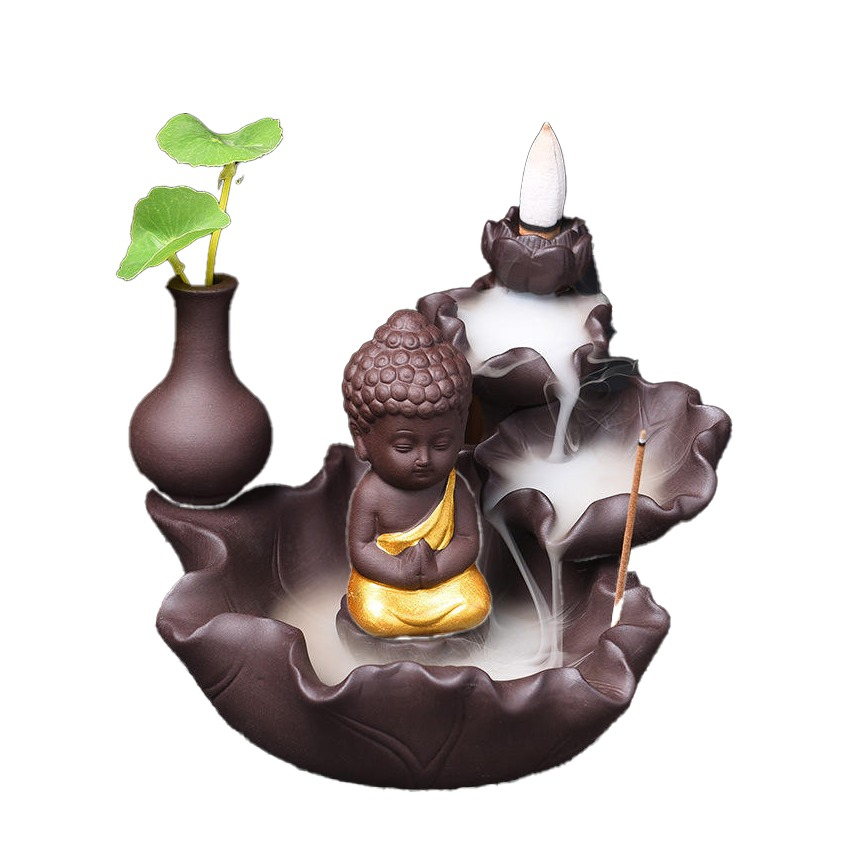 (14x10cm) Keramik Buddha Räuchergefäss Zen Weihrauch Brenner Home Deko Räucher Brunnen - Braun / Gold