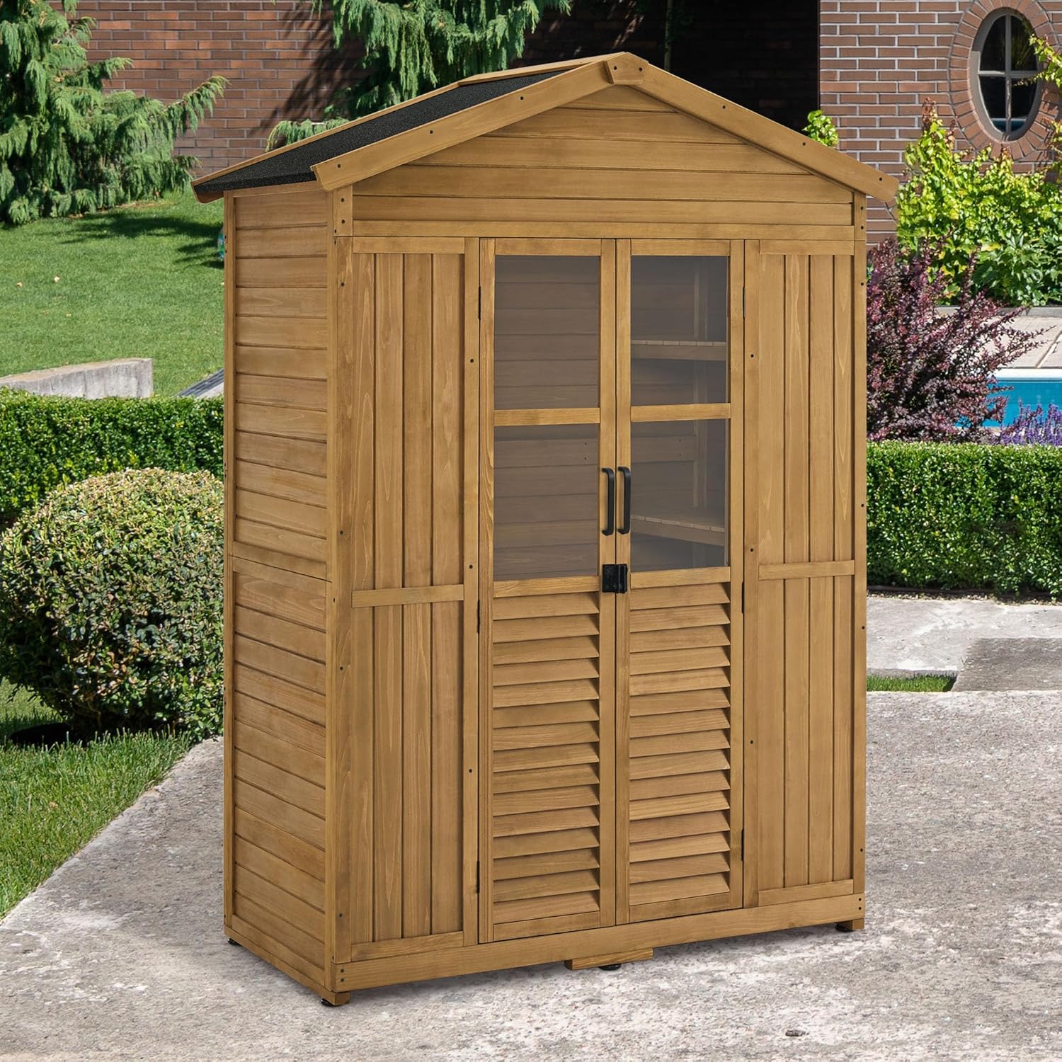 M MCombo Gartenschrank Gartenhaus Holz Wetterfest, Geräteschrank Holzschrank Outdoor Wasserdicht Begehbar, für Außenbereich Balkon Terrasse, Gerätehaus mit 6 Feste Regale 74×143×200 cm (Natur)