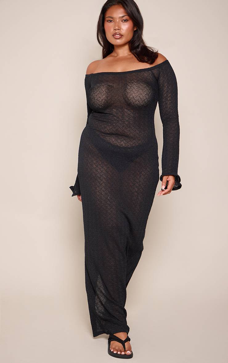 Noir Robe Longue Grande Taille À Manches Longues Texturée