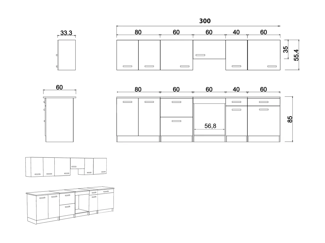 Cuisine complète - Avec plan de travail 300 cm - Naturel & Noir - TRATTORIA