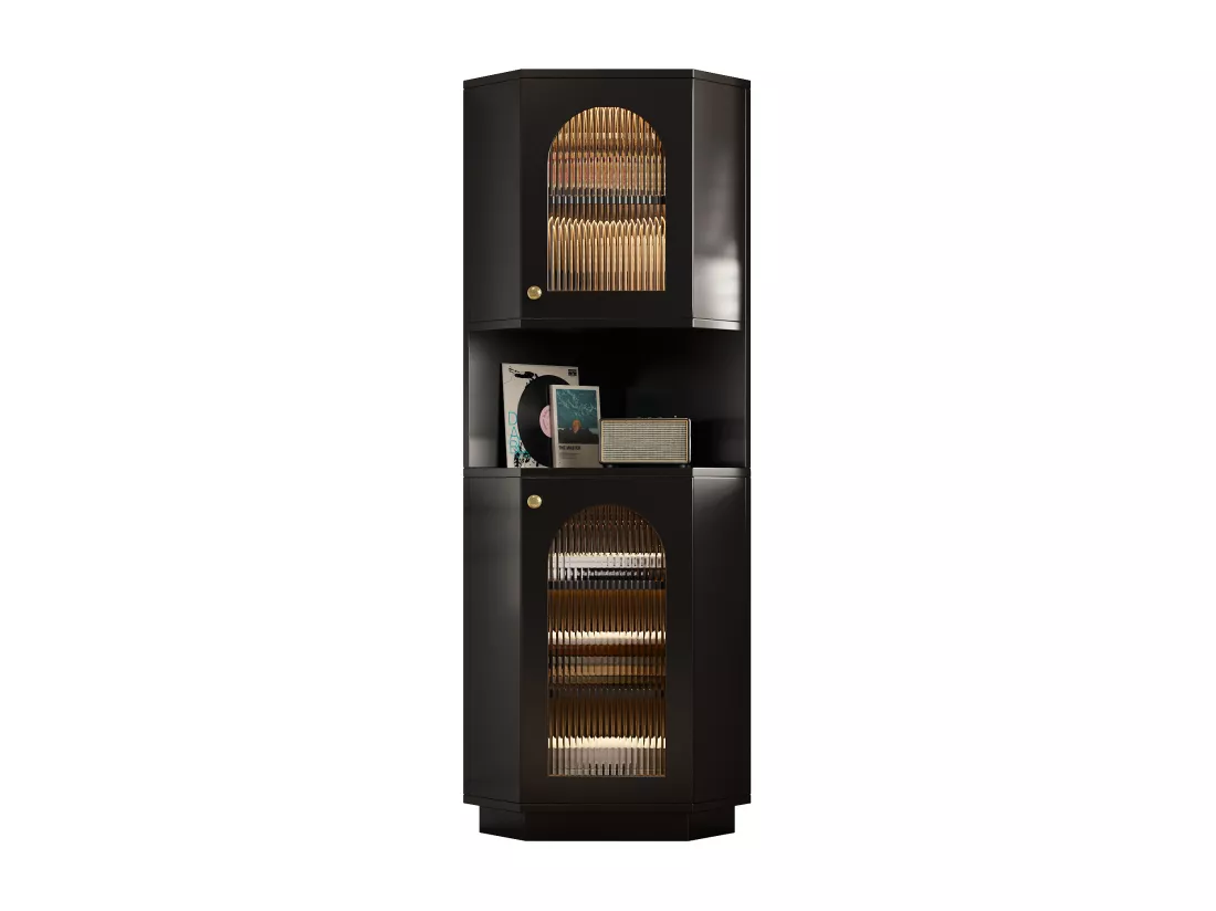 Colonne d'angle de salle de bain - 2 portes et 1 niche de rangement - 45x 45 x 166,5 cm - LEDs - MDF - Noir