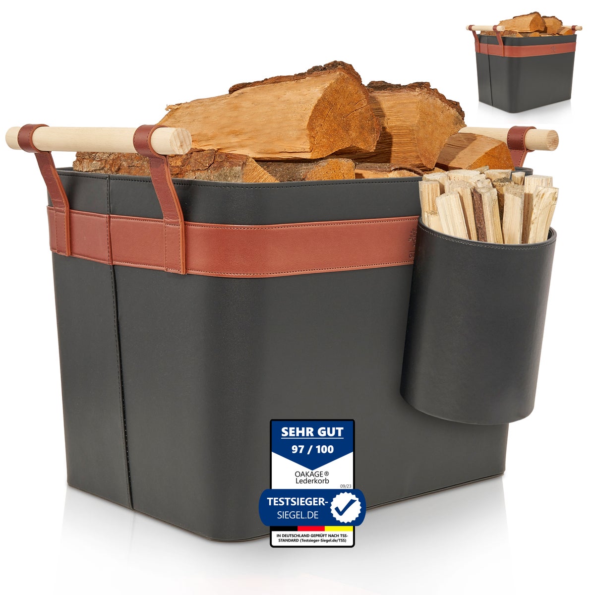 OAKAGE® LuxeLeather Duo Houten Mand Veganistisch Leer - met scheurvaste houten handvatten - 50x40x35cm