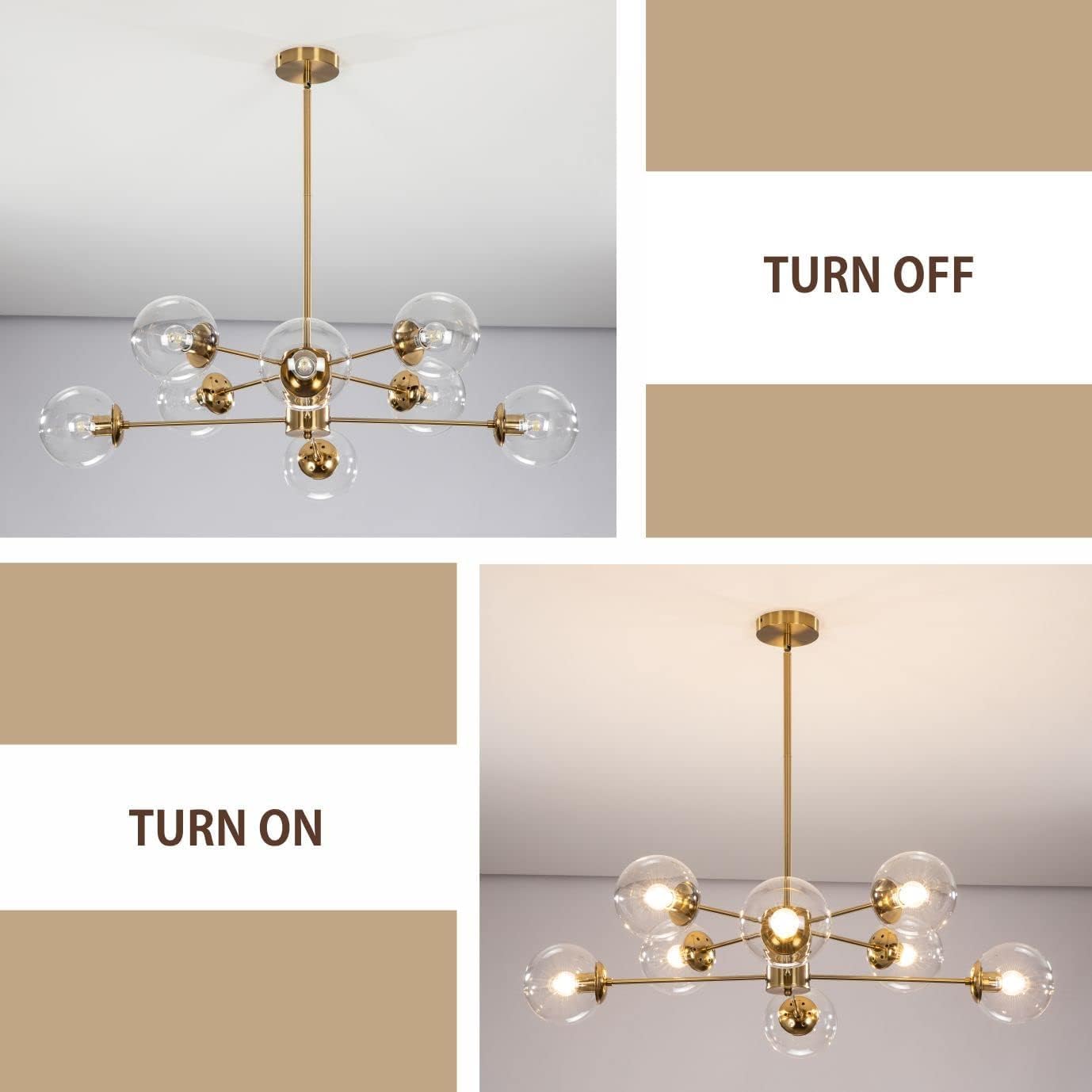 KCO Lighting Modern Sputnik Kronleuchter 8-Licht Klarglas Globus Deckenleuchte Mid Century Messing Unterputzleuchte Küche Island