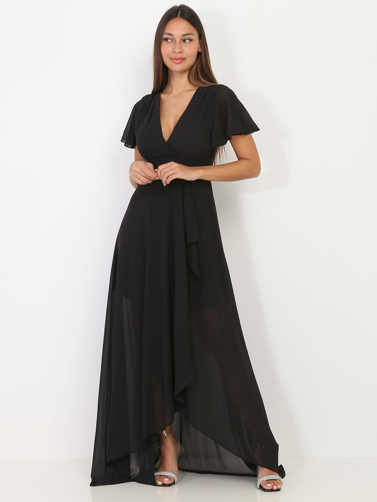 Robe portefeuille à manches papillons- Noir