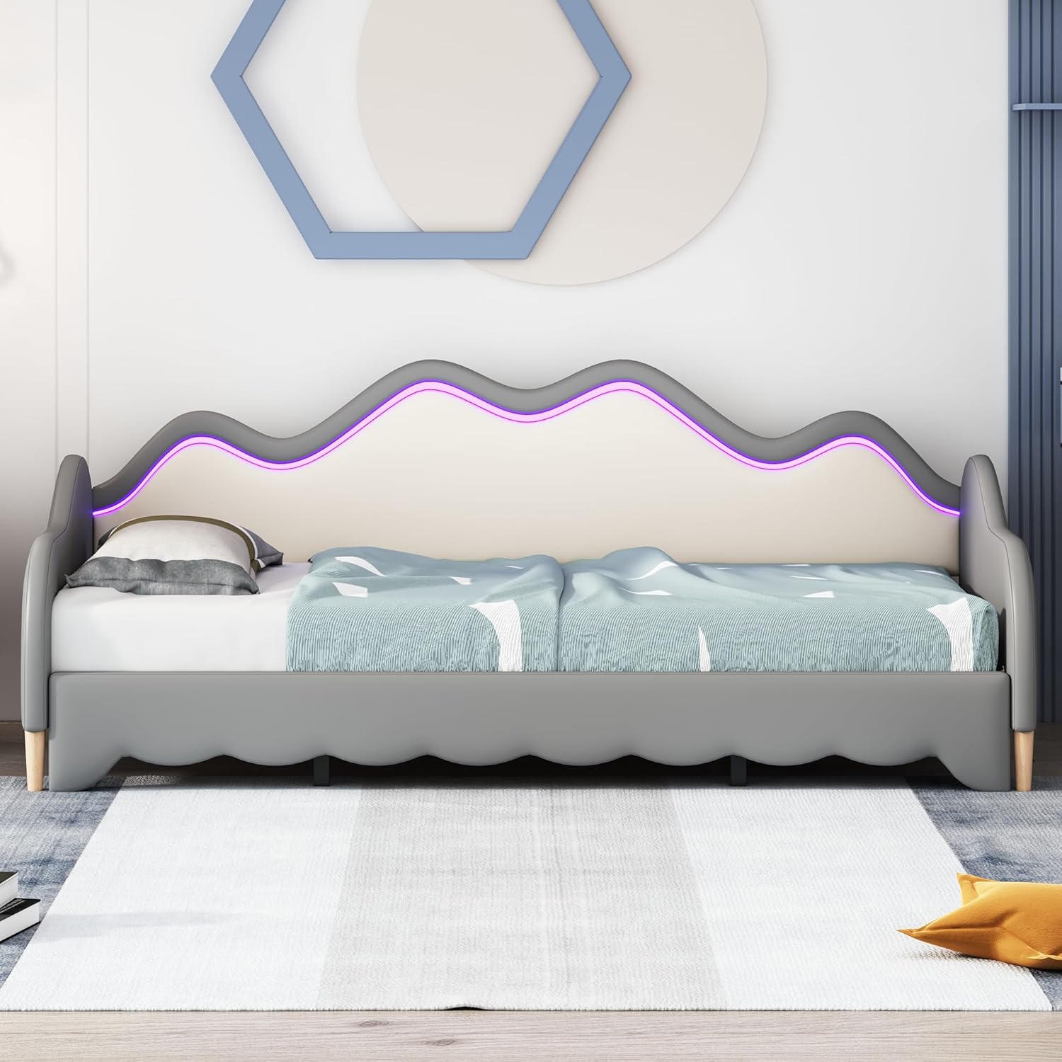 okwish Schiebebett Kinderbett Polsterbett Schlafsofas 90/180x190 cm Einzelbett/Doppelbett, Ausziehbett Jugendbett mit LED, Daybett Gästebett mit Lattenrost & Armlehnen, Kunstleder Grau(Ohne Matratze)