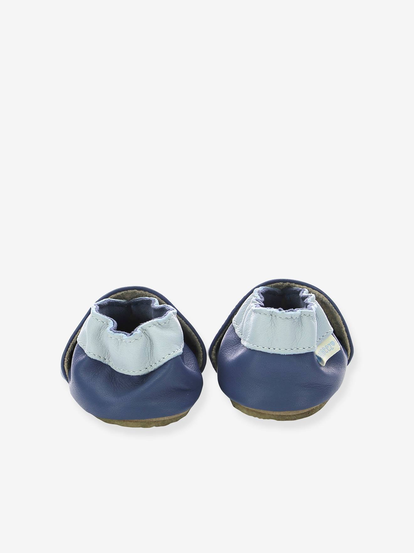 Pantufas de bebê ROBEEZ© Dino Time em couro leve, azul escuro liso com estampas.