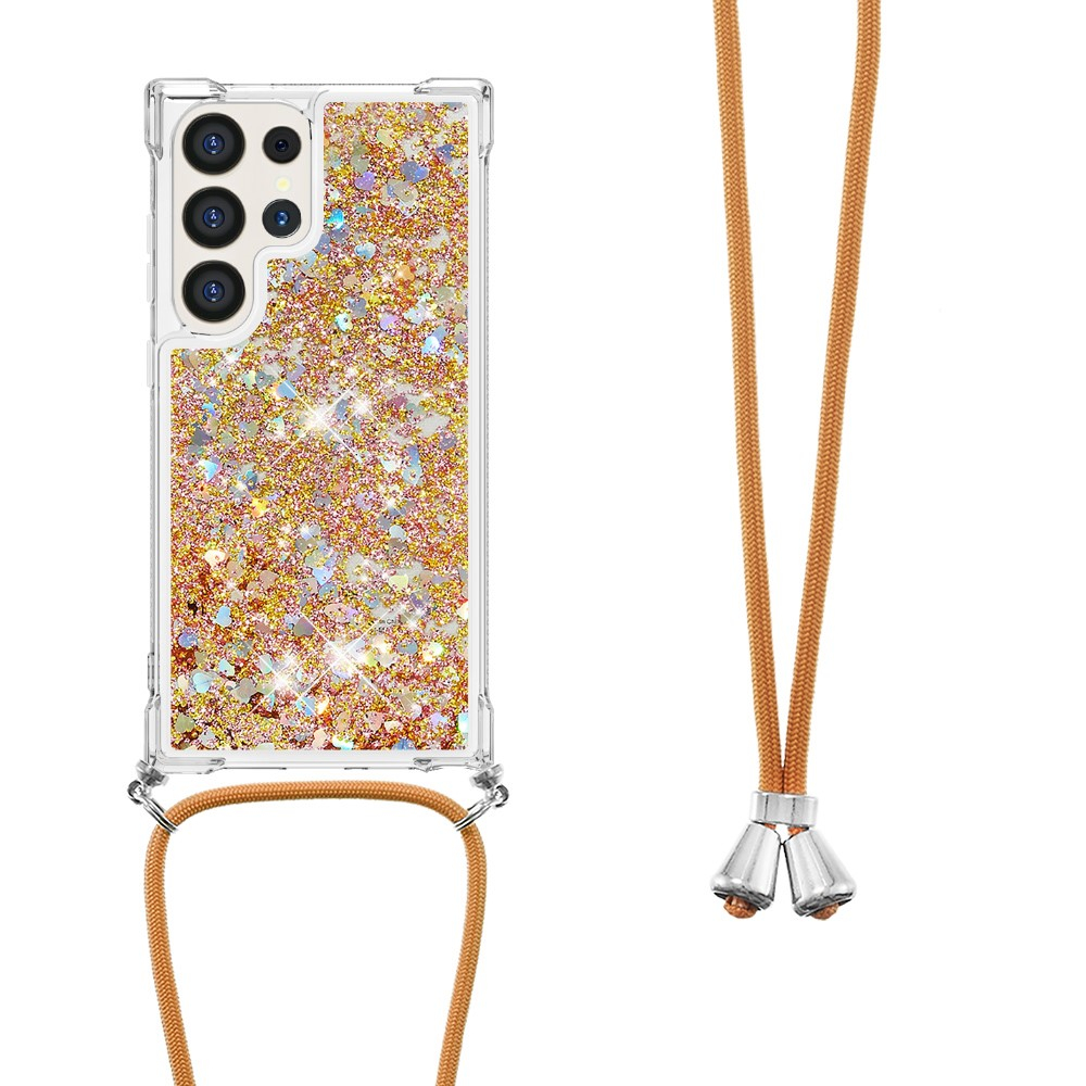 Samsung Galaxy S24 Ultra Necklace Gummi Hülle Liquid Glitzer   Handykette (130cm) - Braun / Gold