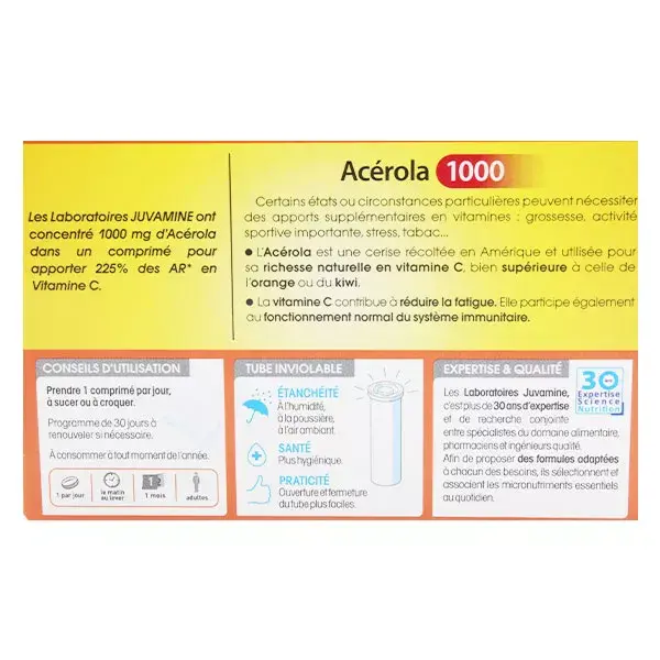 Juvamine Vitamina C Acerola 1000 30 comprimidos mastigáveis