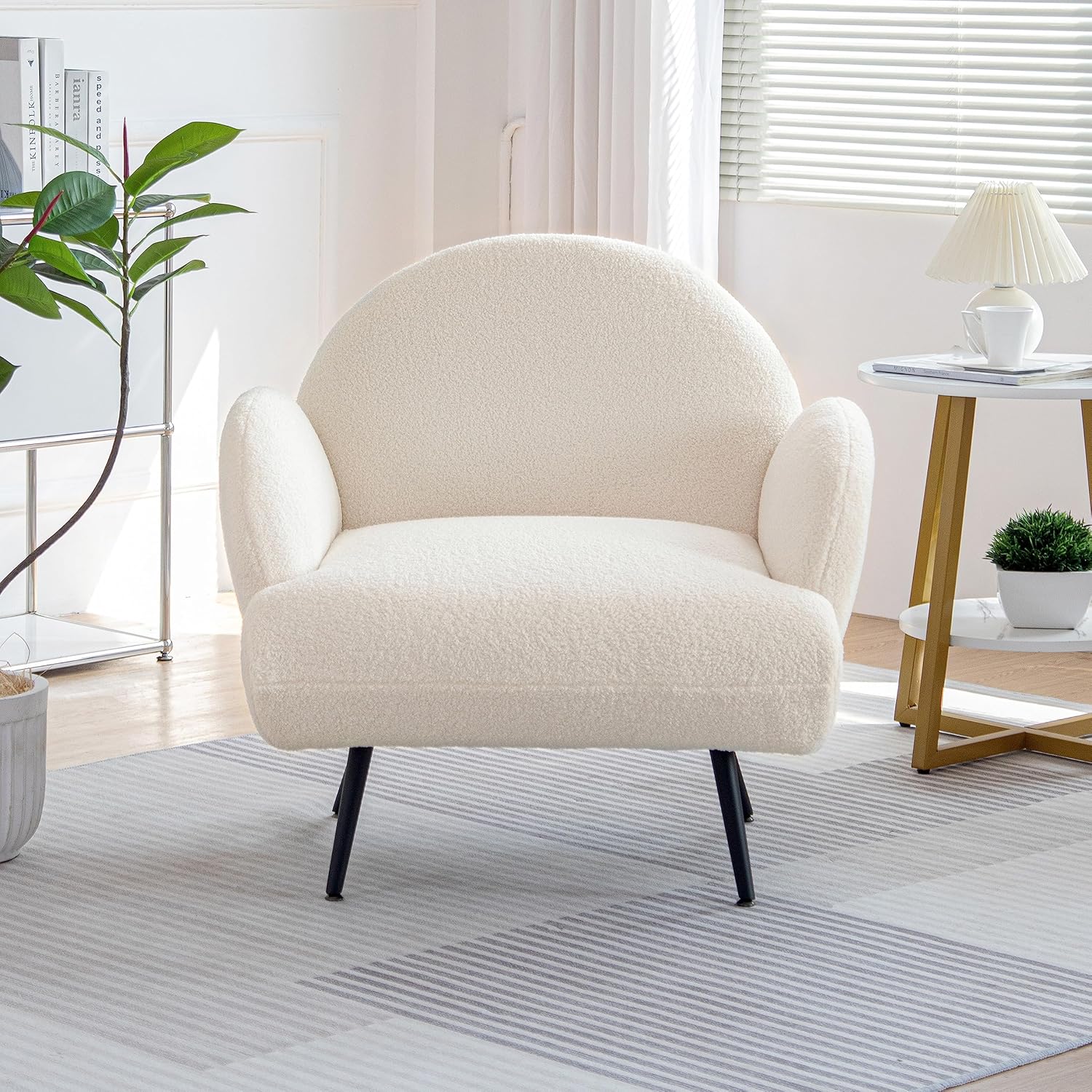 Sessel Moderner Loungesessel Einzel Loungesofa Lounge Sofa Gemütlicher Teddystoff Schwarze Metallbeine Geeignet für Wohnzimmer Schlafzimmer, Weiß