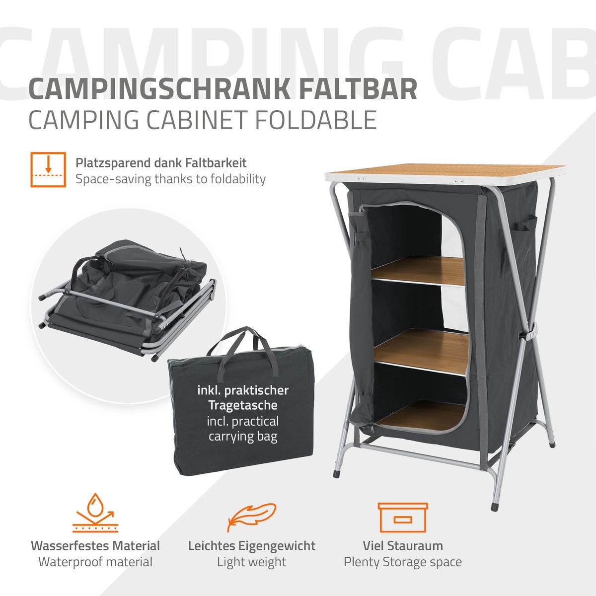 ECD Germany Opvouwbare kampeerkast, houtlook - zwart, 60x97,5x53cm, kampeerkeuken met aluminium frame, draagbare keukenbox met werkblad, 3 planken, draagtas, buitenkast, opvouwbare kast van stof