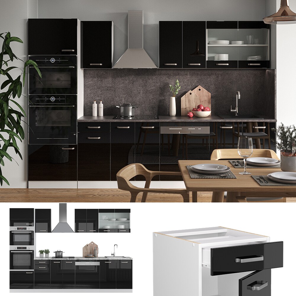 Vicco Küchenzeile R-Line Solid Weiß Schwarz 300 cm Arbeitsplatte modern Küchenschränke Küchenmöbel