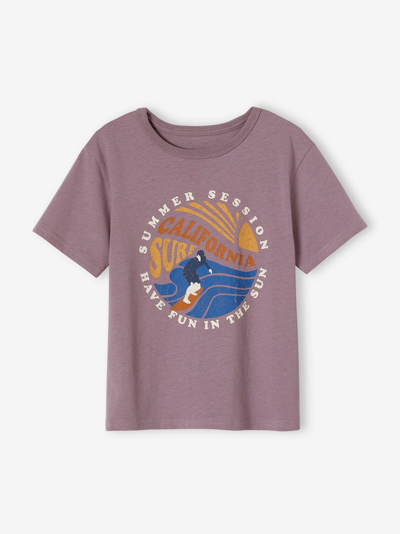 Camiseta de manga curta com estampas gráficas, para meninos, lisa, branca clara com motivos.