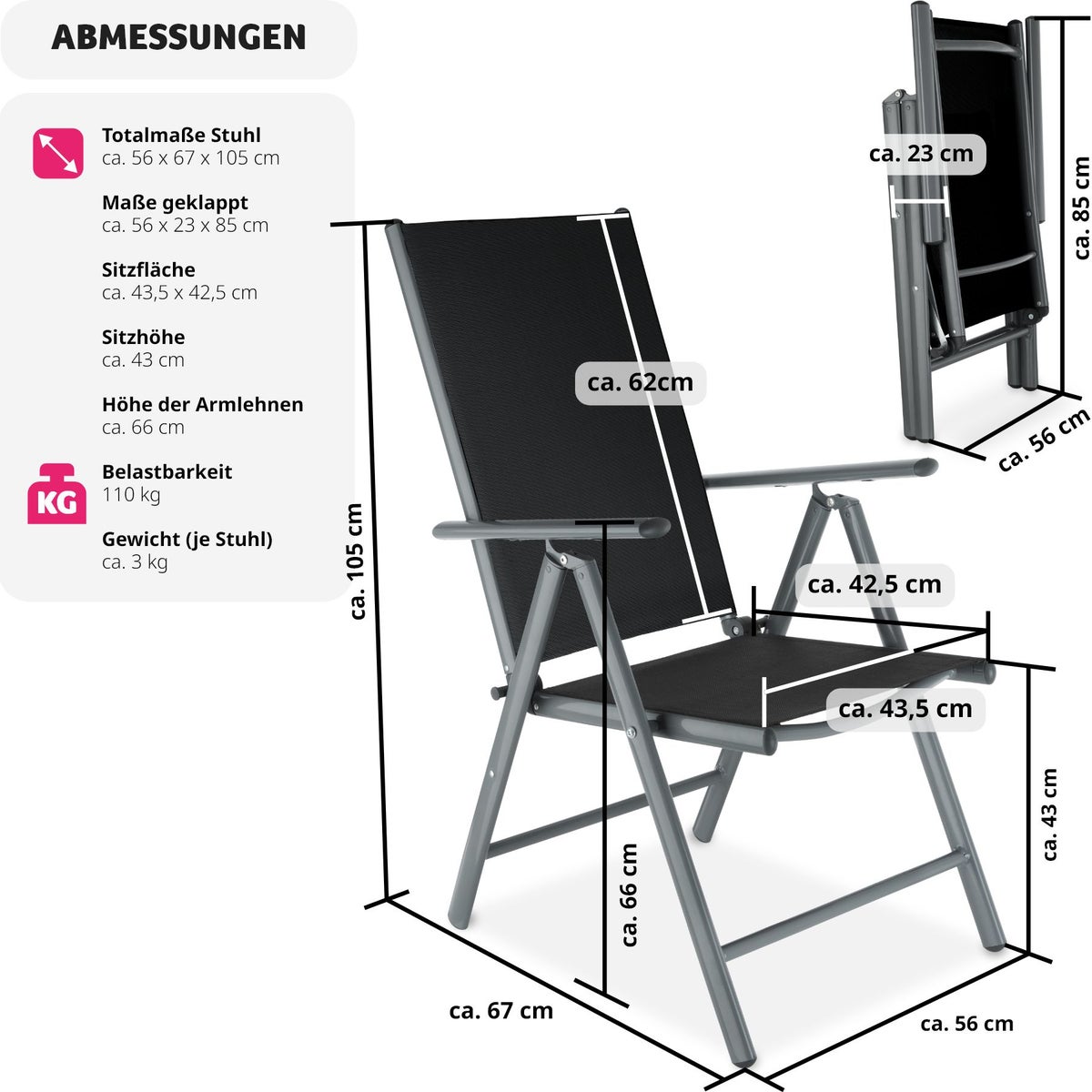 Set van 2 tectake Marilena opvouwbare tuinstoelen, 67 x 56 x 105 cm