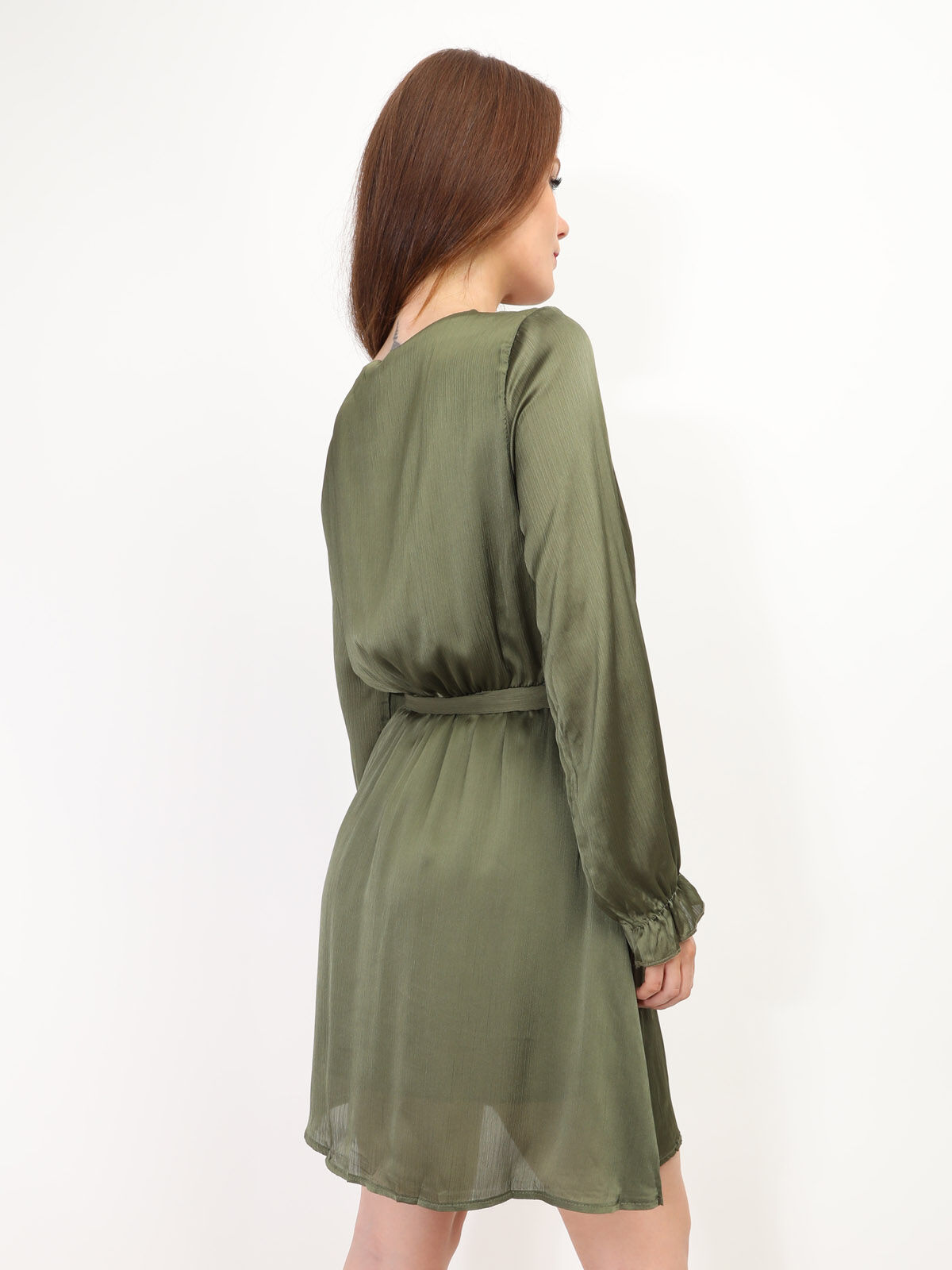 Robe cache-coeur satinée à ceinture- Kaki
