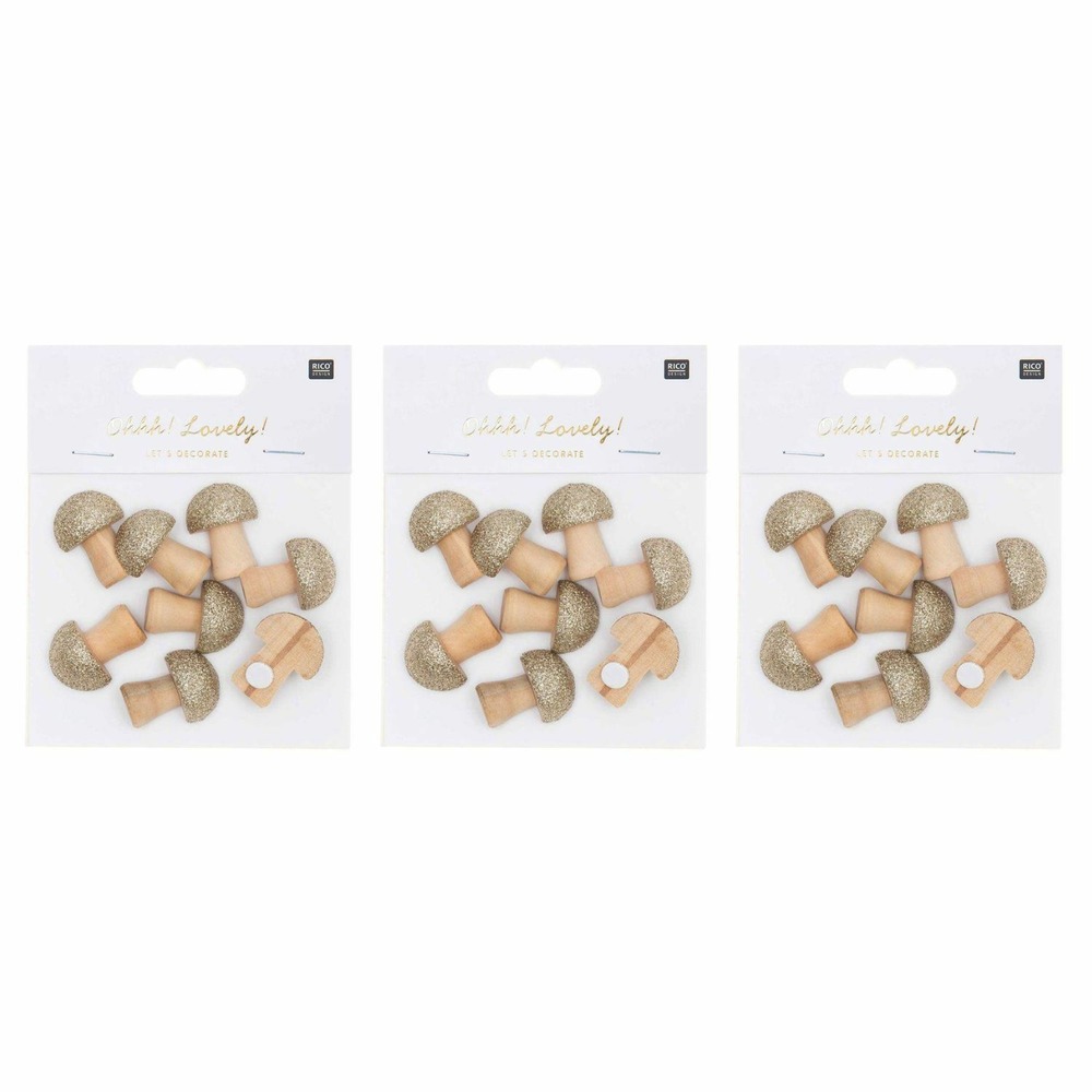 24 autocollants en bois champignons pailletés 3 x 2,3 cm