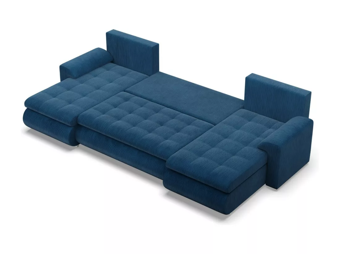 Canapé d'angle en U avec fonction sommeil, 2 méridiennes, Cord - Bleu foncé