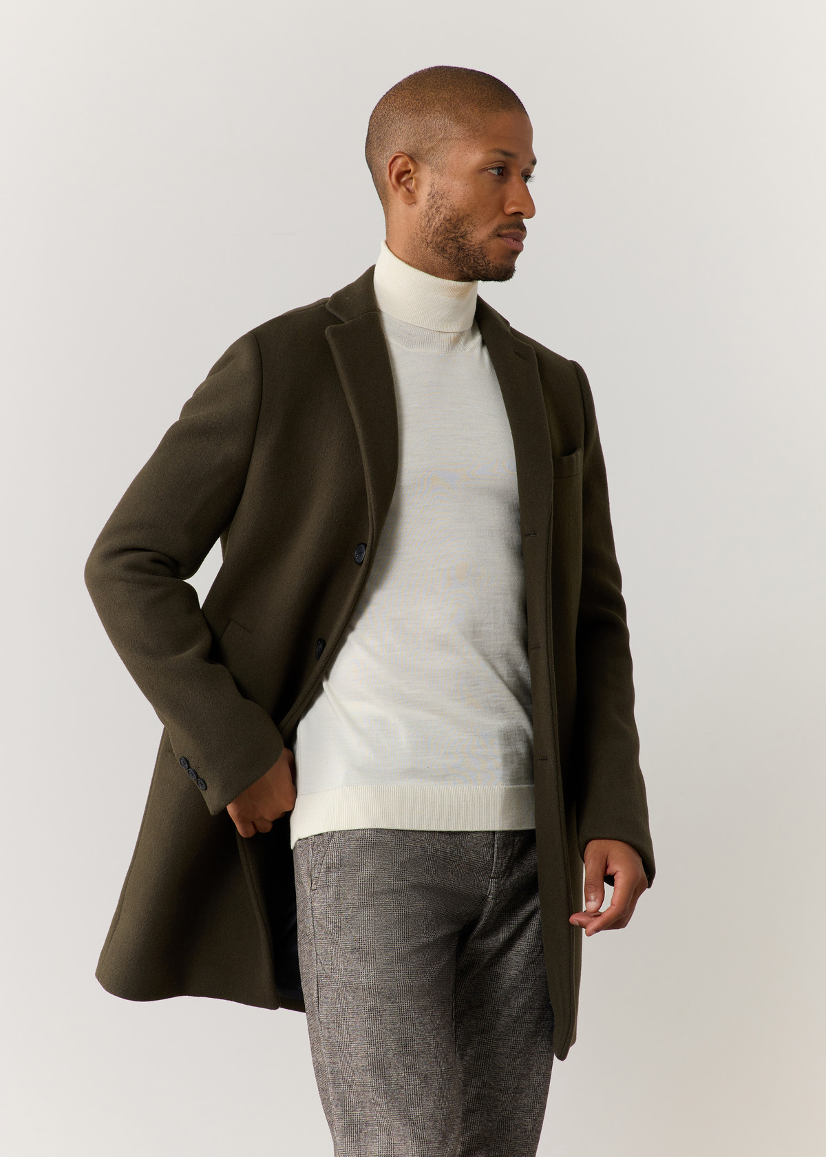 Manteau en laine mélangée unie kaki à parementure amovible
