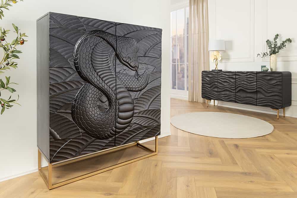 Massives Highboard SNAKE 120cm schwarz gold Mangoholz Schlangen-Design mit aufwendigen 3D Schnitzereien