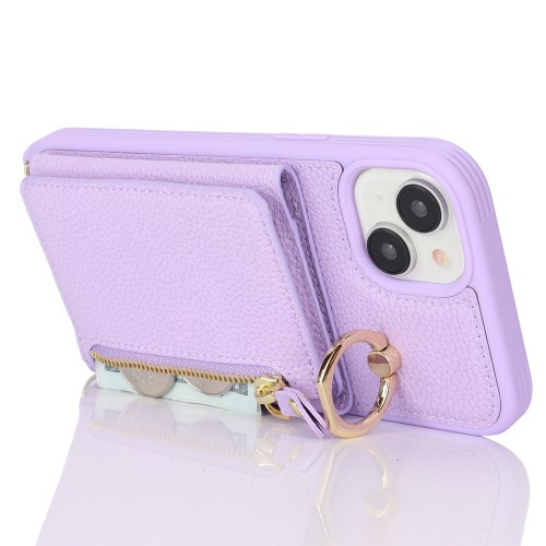 iPhone 14 / iPhone 13 Necklace Leder Hülle mit Münzfach und Kartenfächer   Finger Griff Halterung   Handykette - Lila