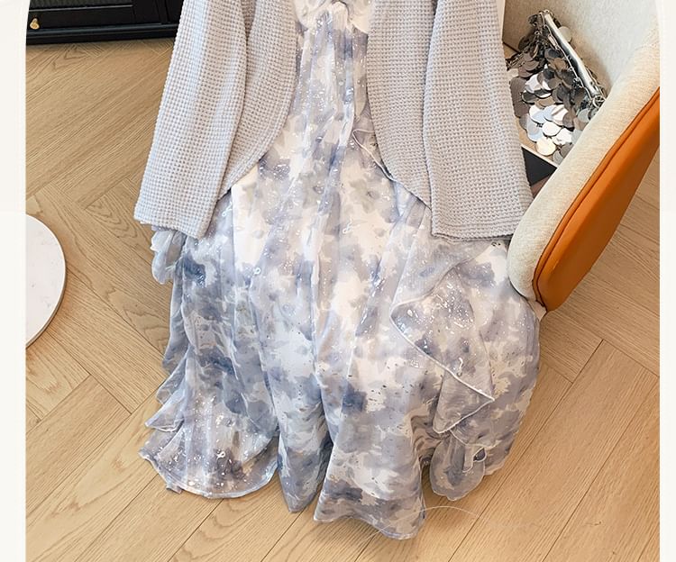 Krezol - Plus Size Spaghettibandjes Geprinte Ruffle Midi A-lijn Jurk / Effen Open Voorkant Cardigan / Set