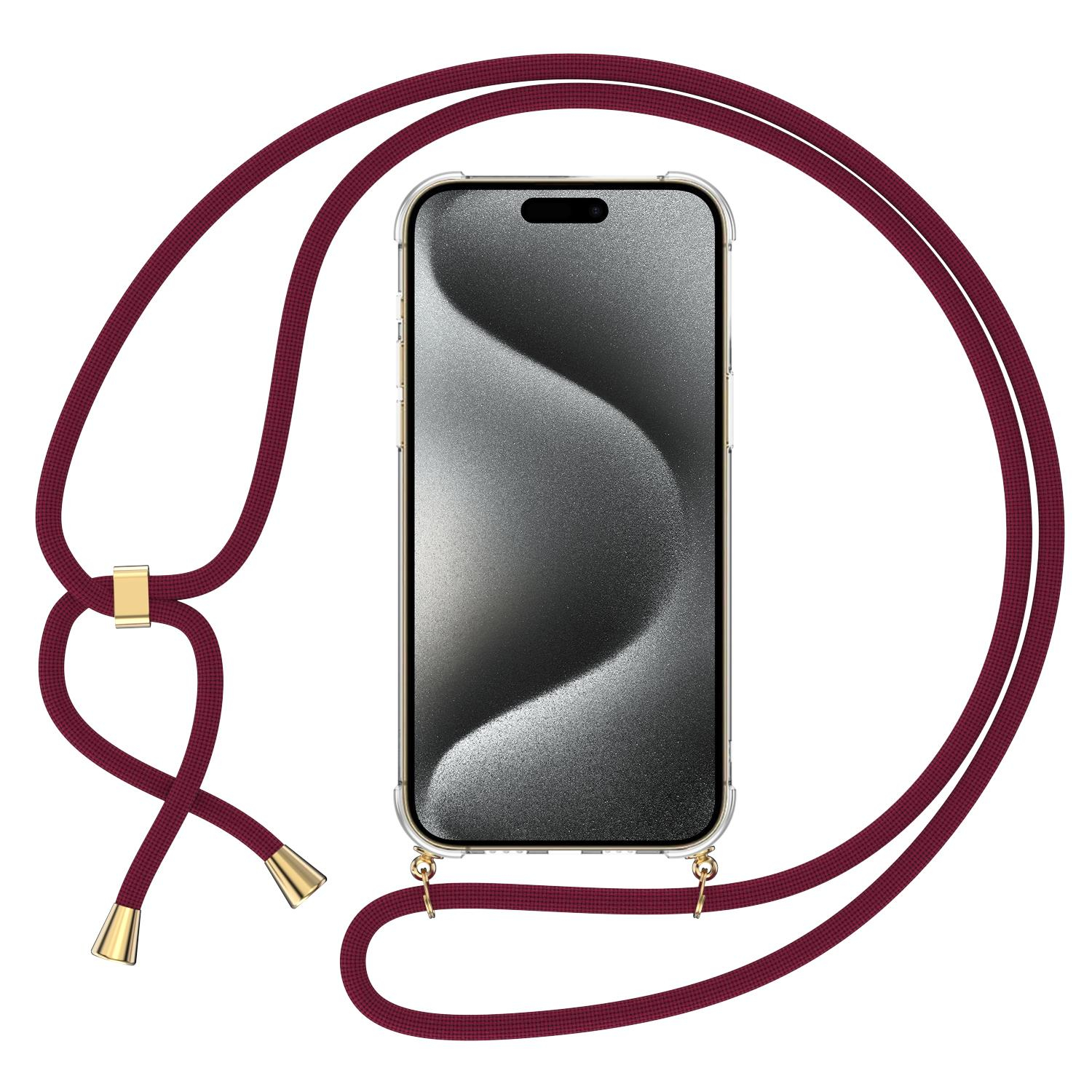 iPhone 15 Pro Max Necklace Gummi Hülle Air Cushion Fallschutz   Handykette (150cm) - Dunkelrot / Gold