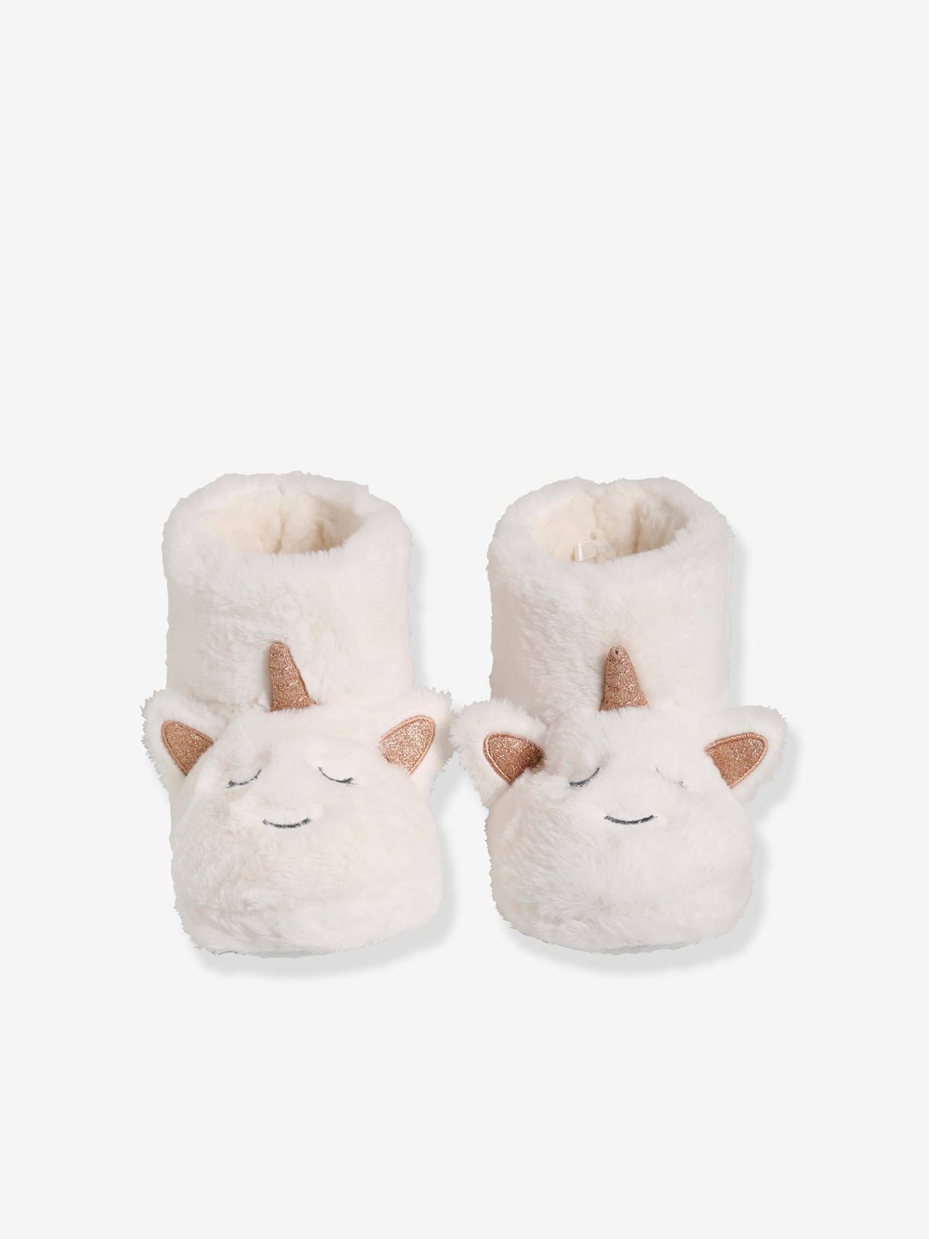 Pantufas de pelúcia de unicórnio para meninas, lisas, brancas com estampas.