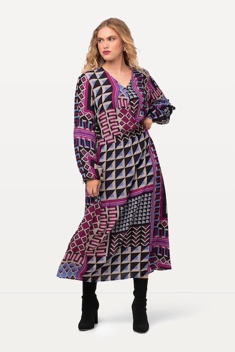 Midikleid, Patchdruck, Wickeloptik, V-Ausschnitt, Langarm