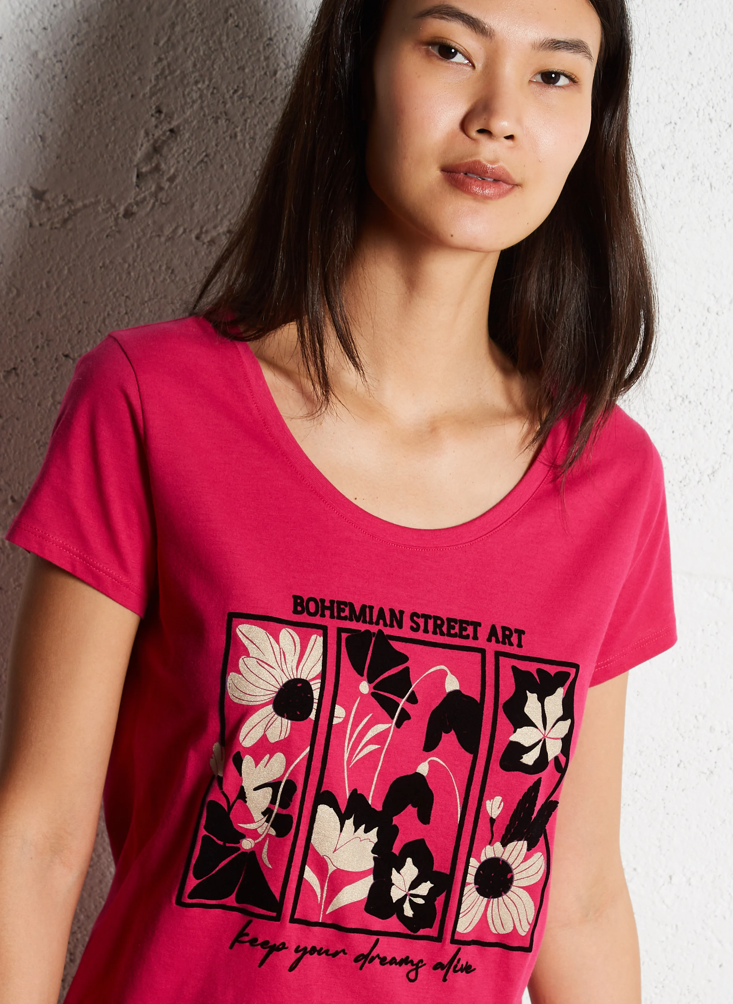 Tee-shirt manches longues droit en coton| Rose